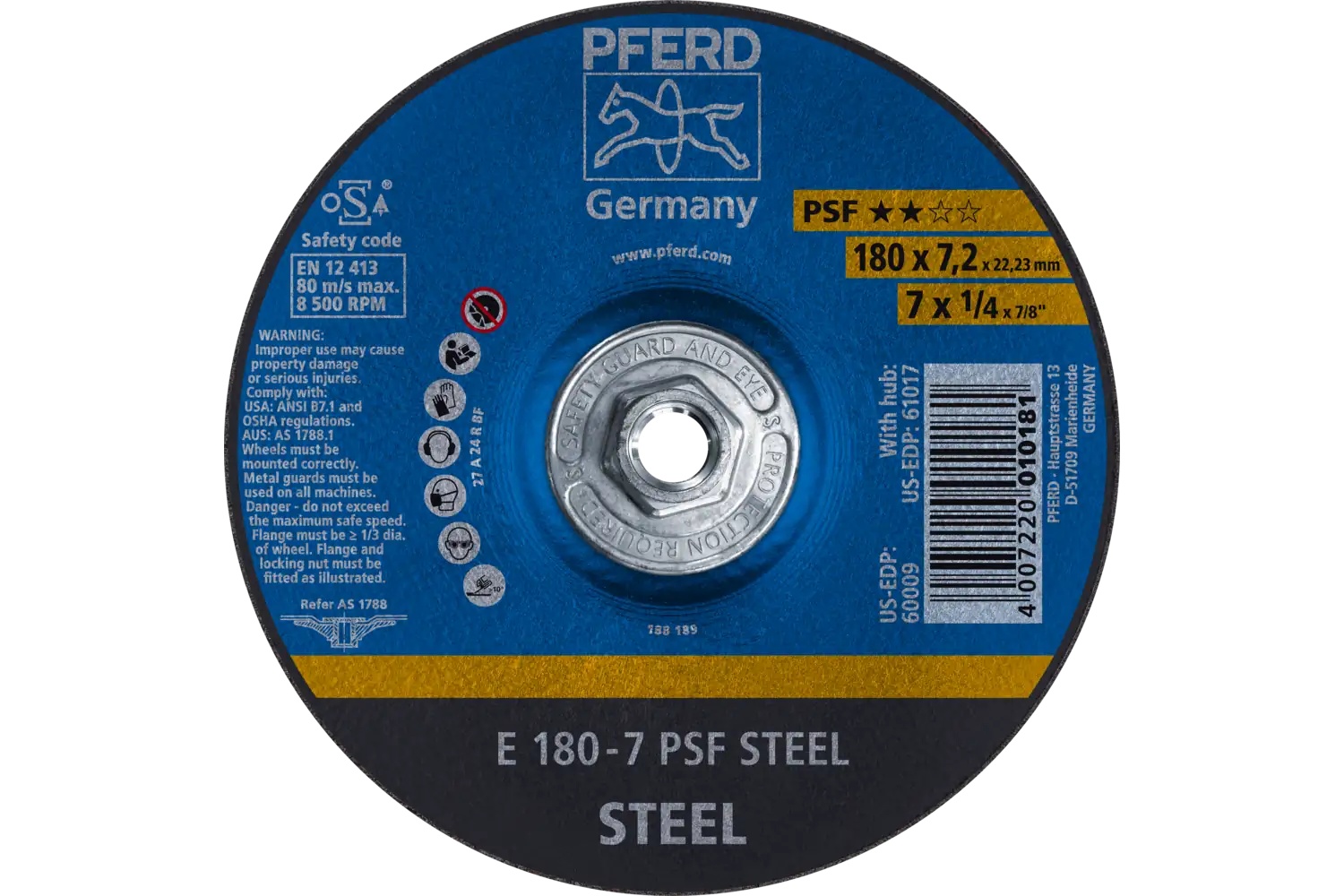 Picture of Pferd Grinding Wheel, 7" X 1/4 X 5/8-11, Psf Steel, T27, Aluminum Oxide